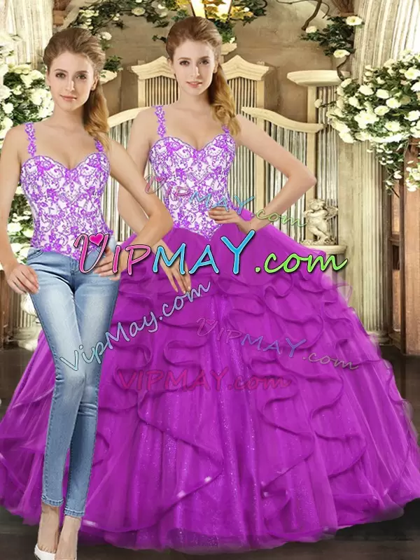 Beauteous Floor Length Fuchsia Quinceanera Gowns Tulle Sleeveless Beading and Ruffles