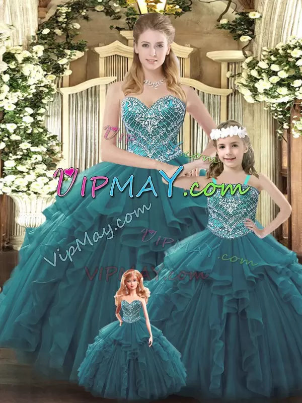 Lovely Teal Sleeveless Organza Lace Up Sweet 16 Dress for Military Ball and Sweet 16 and Quinceanera