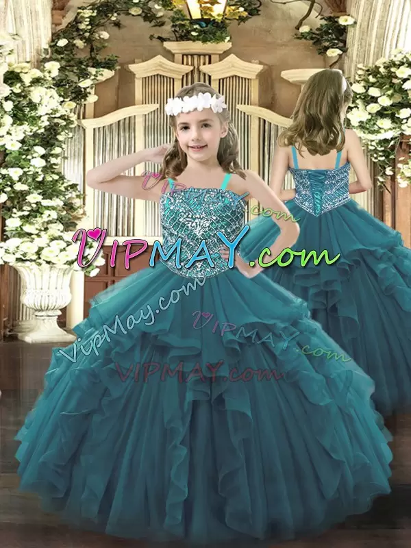 Lovely Teal Sleeveless Organza Lace Up Sweet 16 Dress for Military Ball and Sweet 16 and Quinceanera