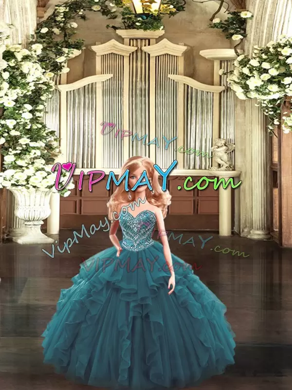 Lovely Teal Sleeveless Organza Lace Up Sweet 16 Dress for Military Ball and Sweet 16 and Quinceanera