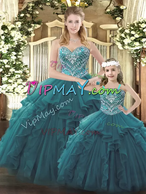 Lovely Teal Sleeveless Organza Lace Up Sweet 16 Dress for Military Ball and Sweet 16 and Quinceanera