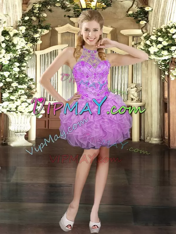 Simple Halter Top Sleeveless Lace Up Sweet 16 Quinceanera Dress Lilac Tulle Beading and Ruffles