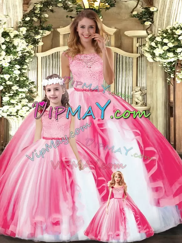 Scoop Sleeveless Clasp Handle Quince Ball Gowns Hot Pink Tulle Lace and Ruffles