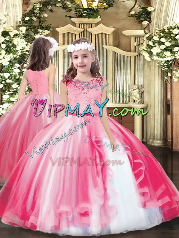 Scoop Sleeveless Clasp Handle Quince Ball Gowns Hot Pink Tulle Lace and Ruffles