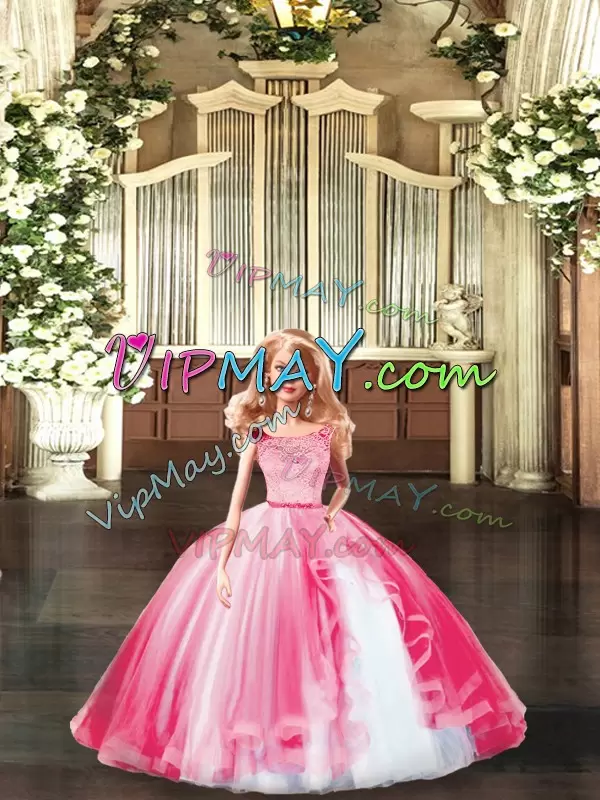 Scoop Sleeveless Clasp Handle Quince Ball Gowns Hot Pink Tulle Lace and Ruffles