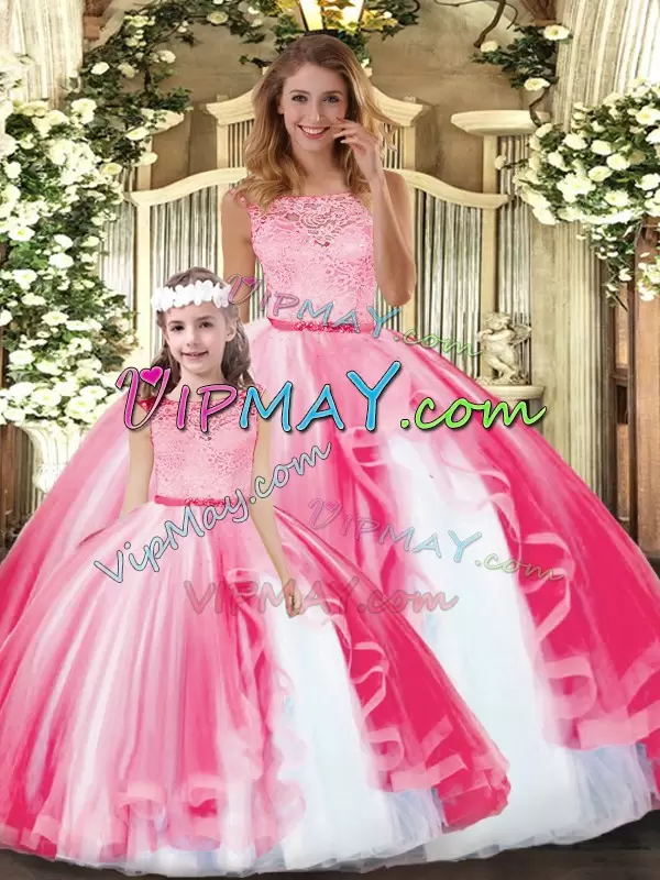 Scoop Sleeveless Clasp Handle Quince Ball Gowns Hot Pink Tulle Lace and Ruffles