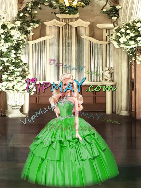 Free and Easy Green Organza Lace Up Sweetheart Sleeveless Floor Length Quinceanera Dresses Beading and Ruffled Layers