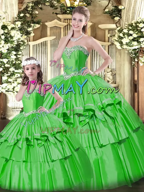 Free and Easy Green Organza Lace Up Sweetheart Sleeveless Floor Length Quinceanera Dresses Beading and Ruffled Layers