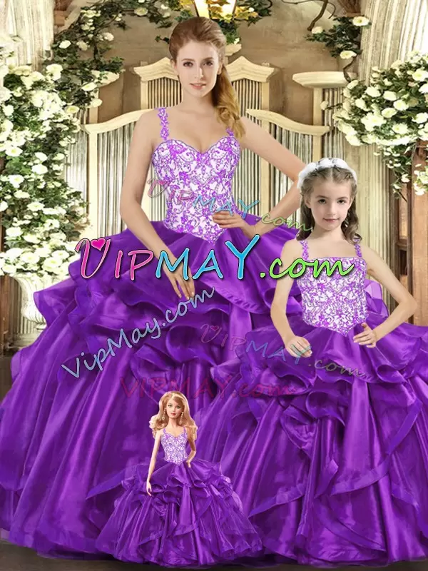 Classical Organza Straps Sleeveless Lace Up Beading and Ruffles 15 Quinceanera Dress in Purple