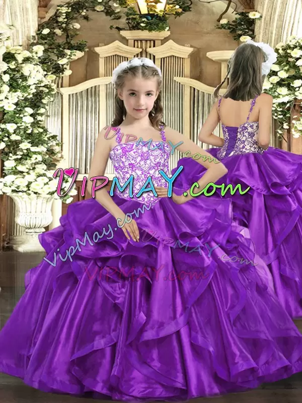 Classical Organza Straps Sleeveless Lace Up Beading and Ruffles 15 Quinceanera Dress in Purple