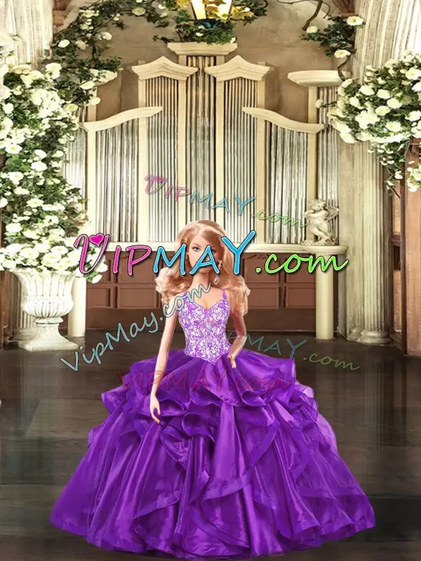 Classical Organza Straps Sleeveless Lace Up Beading and Ruffles 15 Quinceanera Dress in Purple