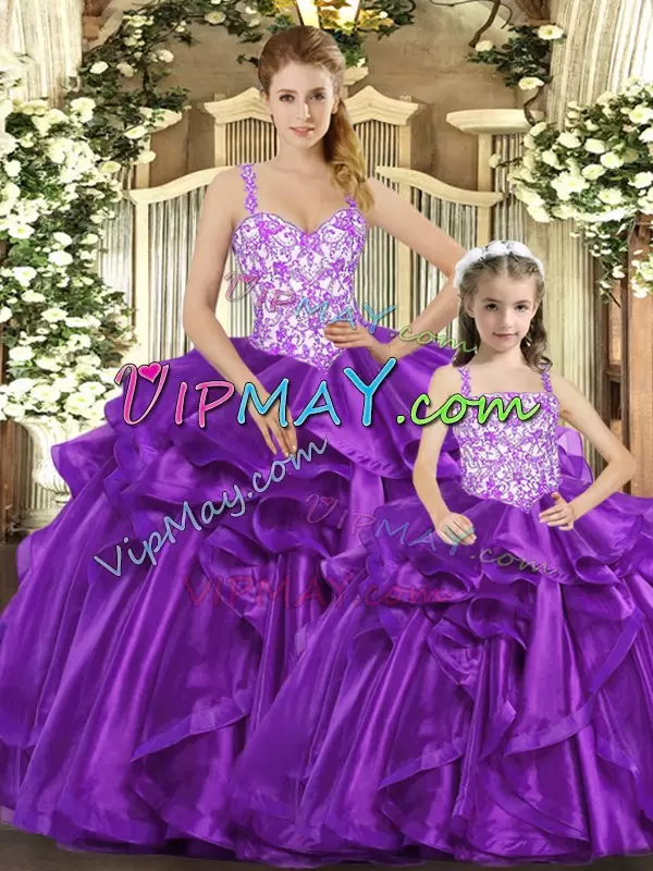 Classical Organza Straps Sleeveless Lace Up Beading and Ruffles 15 Quinceanera Dress in Purple