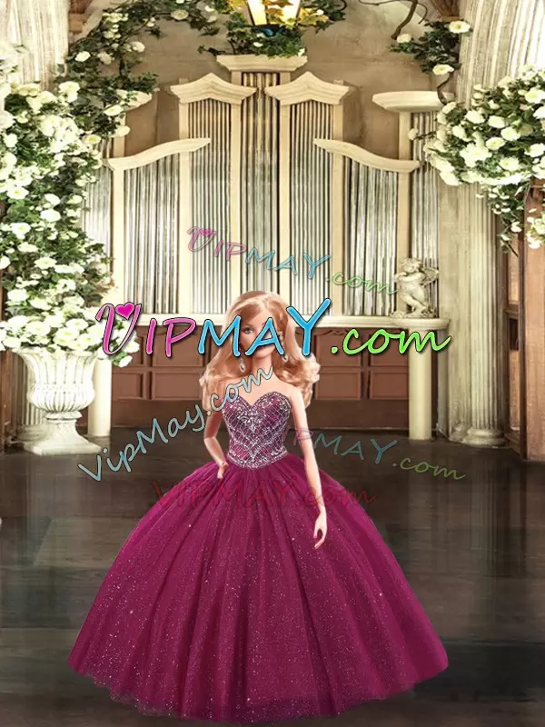 Burgundy Sweetheart Lace Up Beading Ball Gown Prom Dress Sleeveless