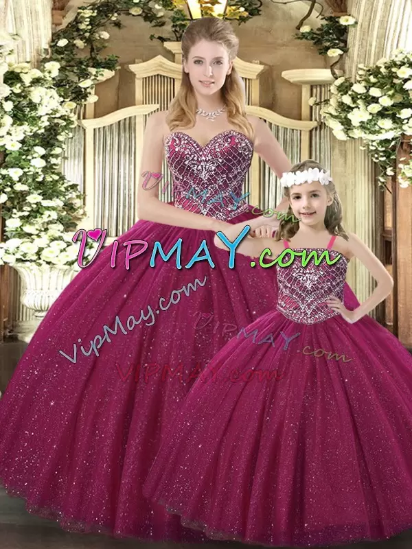 Burgundy Sweetheart Lace Up Beading Ball Gown Prom Dress Sleeveless