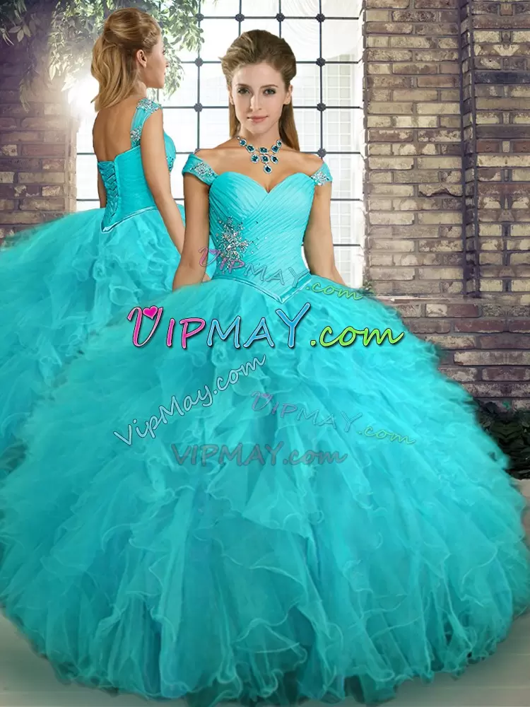 Simple Sleeveless Tulle Floor Length Lace Up Sweet 16 Dresses in Aqua Blue with Beading and Ruffles