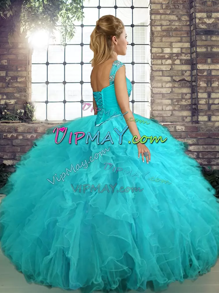 Simple Sleeveless Tulle Floor Length Lace Up Sweet 16 Dresses in Aqua Blue with Beading and Ruffles