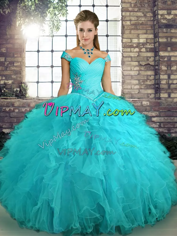 Simple Sleeveless Tulle Floor Length Lace Up Sweet 16 Dresses in Aqua Blue with Beading and Ruffles