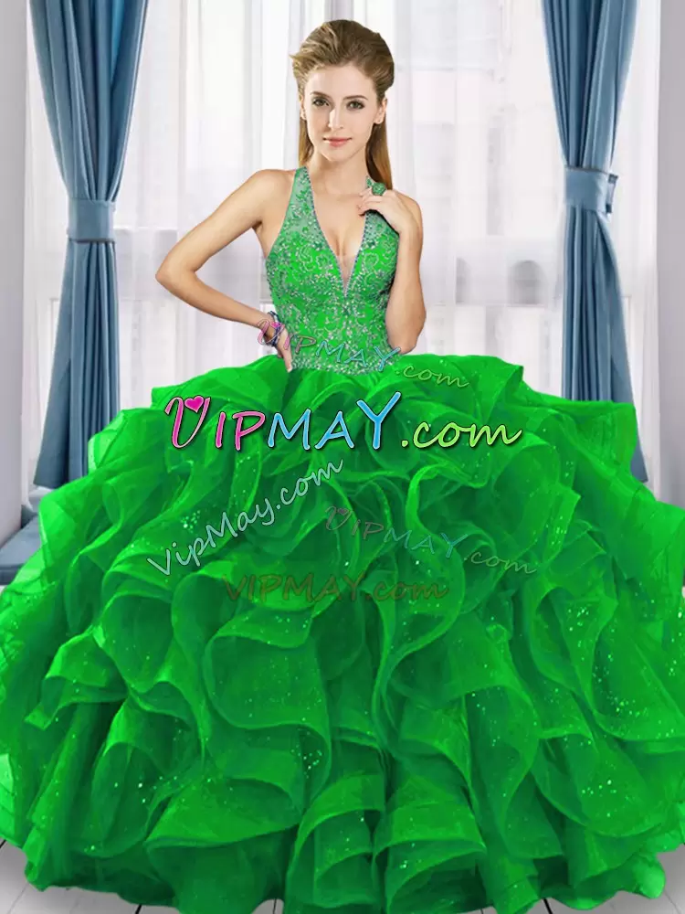 Affordable Green Sleeveless Floor Length Beading and Ruffles Lace Up Quinceanera Gowns V-neck