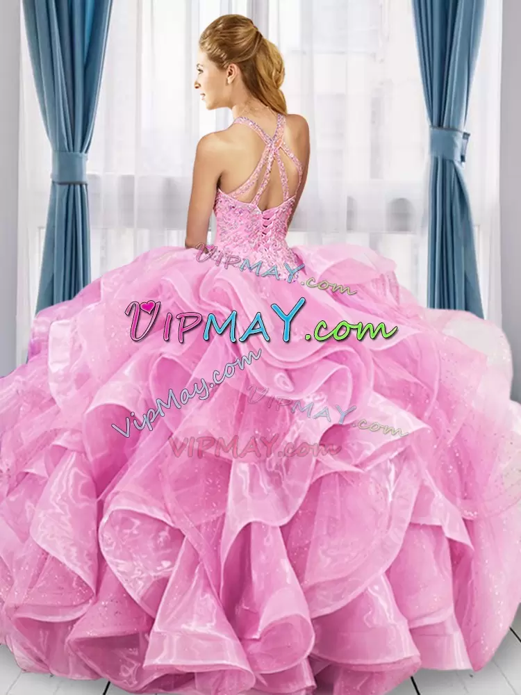 Affordable Green Sleeveless Floor Length Beading and Ruffles Lace Up Quinceanera Gowns V-neck