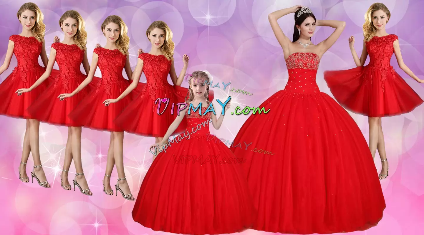 Luxury Sleeveless Floor Length Beading Lace Up Vestidos de Quinceanera with Red