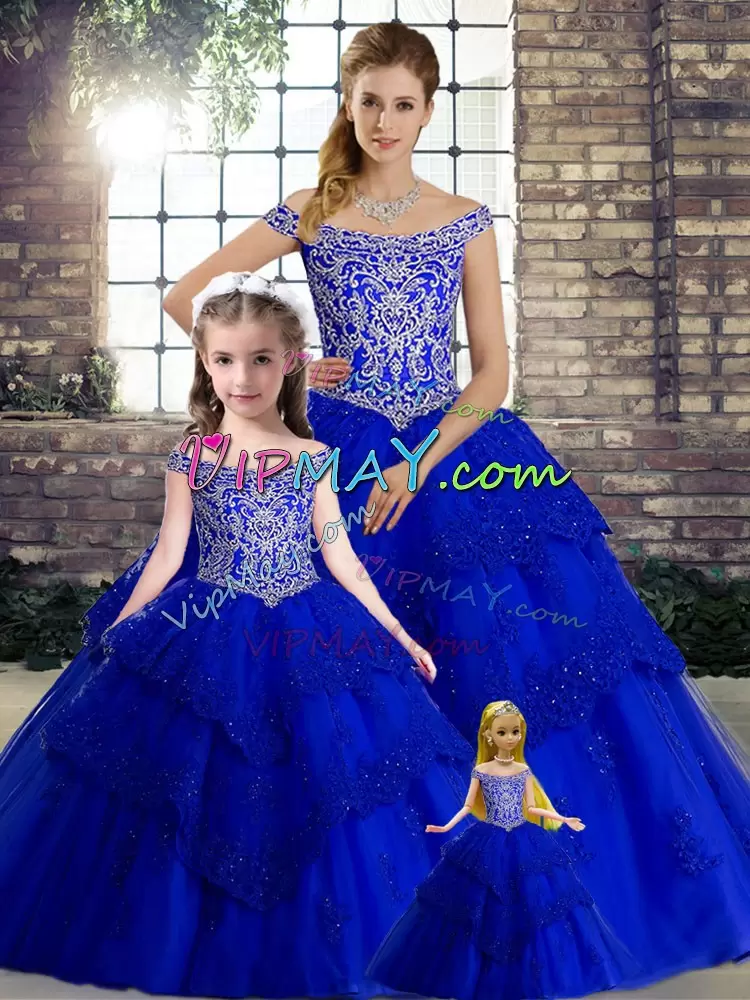 Fancy Royal Blue Sleeveless Tulle Brush Train Lace Up Vestidos de Quinceanera for Military Ball and Sweet 16 and Quinceanera