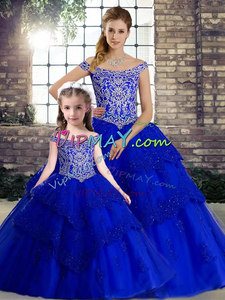 Fancy Royal Blue Sleeveless Tulle Brush Train Lace Up Vestidos de Quinceanera for Military Ball and Sweet 16 and Quinceanera