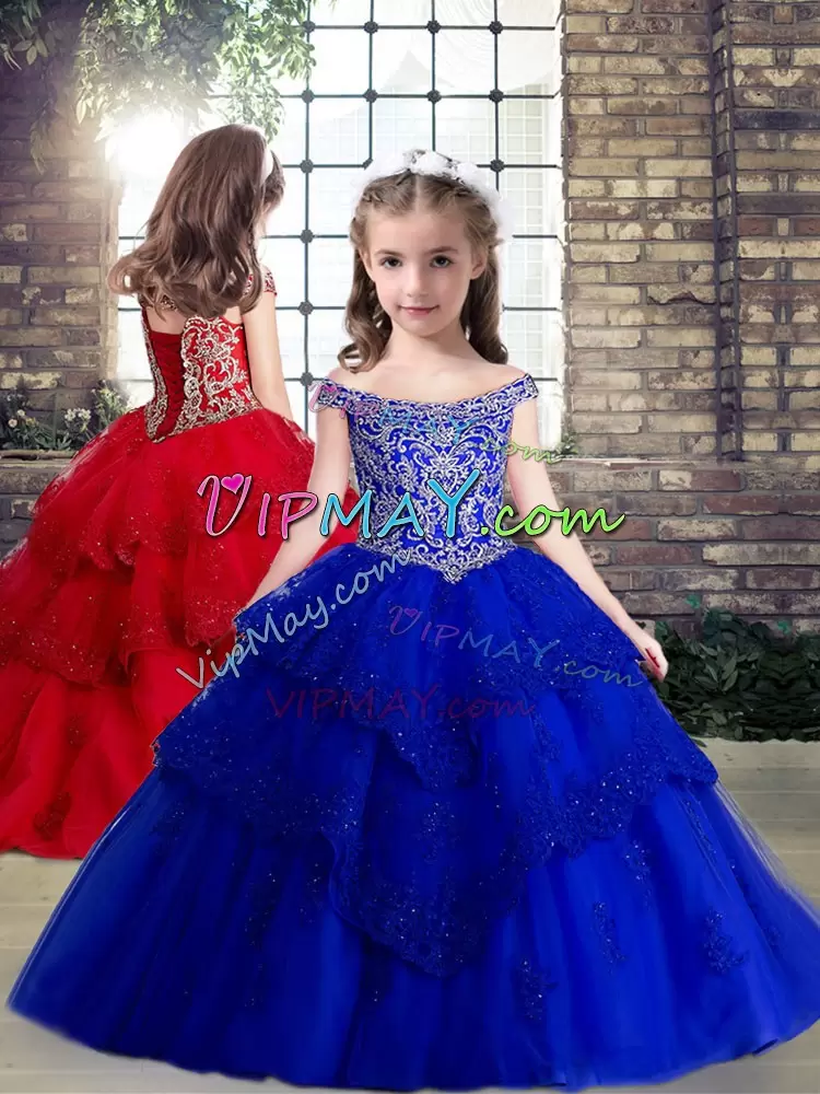 Fancy Royal Blue Sleeveless Tulle Brush Train Lace Up Vestidos de Quinceanera for Military Ball and Sweet 16 and Quinceanera