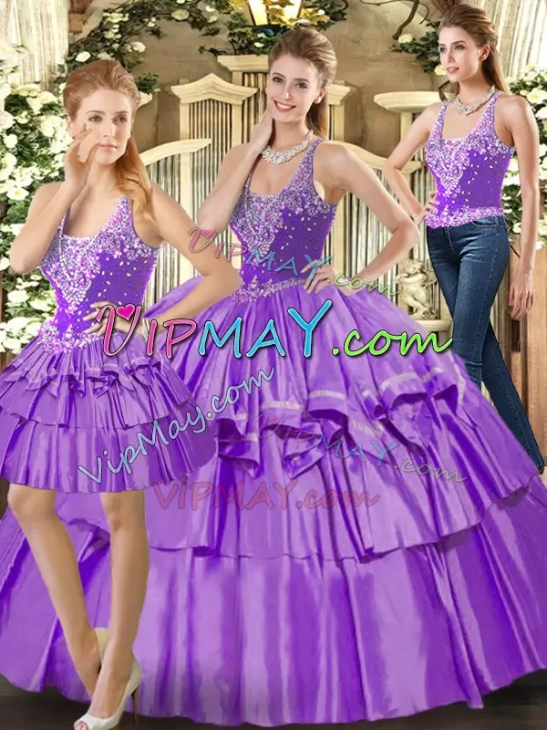 Noble Three Pieces Quinceanera Dresses Eggplant Purple Straps Organza Sleeveless Floor Length Lace Up