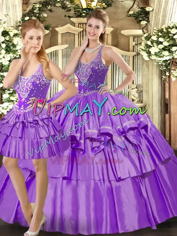 Noble Three Pieces Quinceanera Dresses Eggplant Purple Straps Organza Sleeveless Floor Length Lace Up