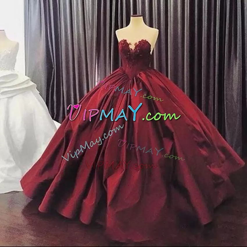 Wine Red Sleeveless Lace Floor Length Quinceanera Dress