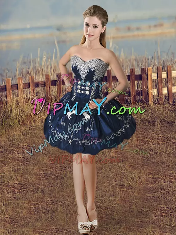 Satin and Organza Sweetheart Sleeveless Lace Up Embroidery and Ruffles Sweet 16 Quinceanera Dress in Navy Blue