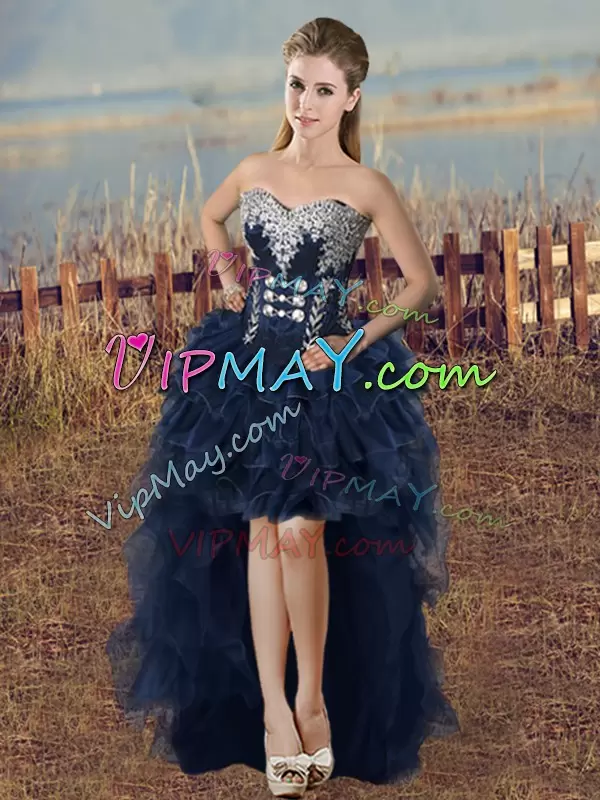 Satin and Organza Sweetheart Sleeveless Lace Up Embroidery and Ruffles Sweet 16 Quinceanera Dress in Navy Blue