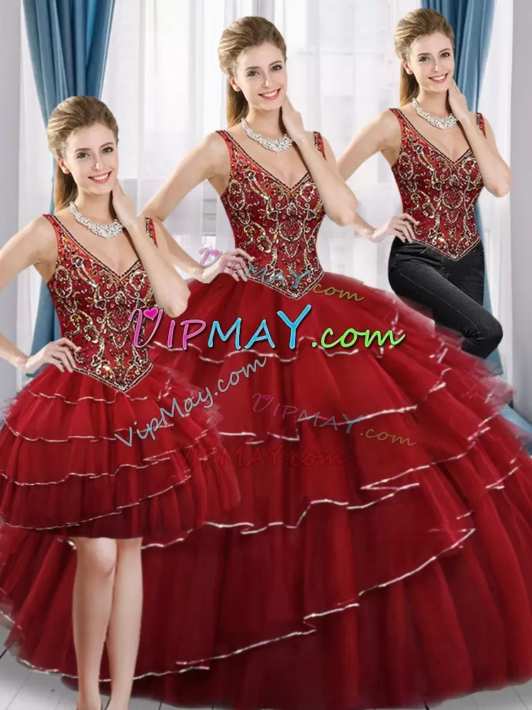 Low Price Red Ball Gowns Beading and Ruffled Layers Quinceanera Dress Lace Up Tulle Sleeveless Floor Length