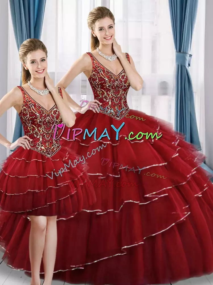 Low Price Red Ball Gowns Beading and Ruffled Layers Quinceanera Dress Lace Up Tulle Sleeveless Floor Length