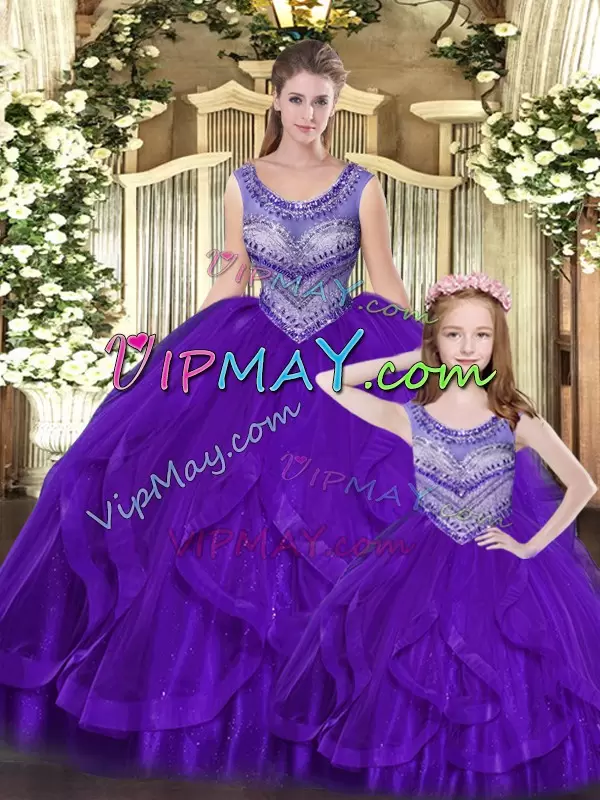 Vintage Floor Length Ball Gowns Sleeveless Eggplant Purple Quinceanera Gown Lace Up