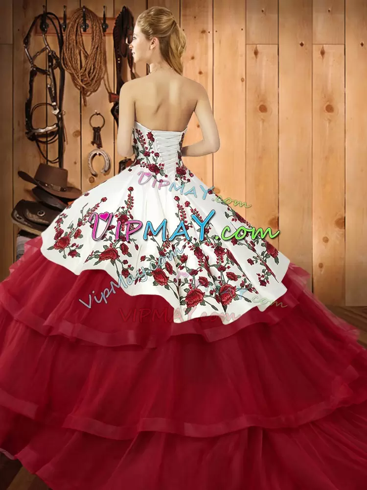 Lovely Wine Red Ball Gowns Sweetheart Sleeveless Organza Sweep Train Lace Up Embroidery 15 Quinceanera Dress