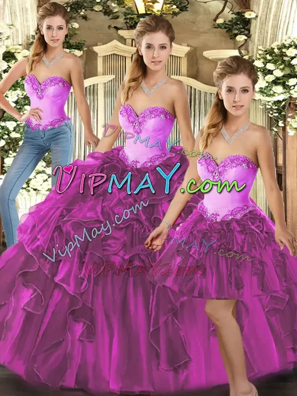 Fuchsia Three Pieces Sweetheart Sleeveless Organza Floor Length Lace Up Beading and Ruffles Quinceanera Gown