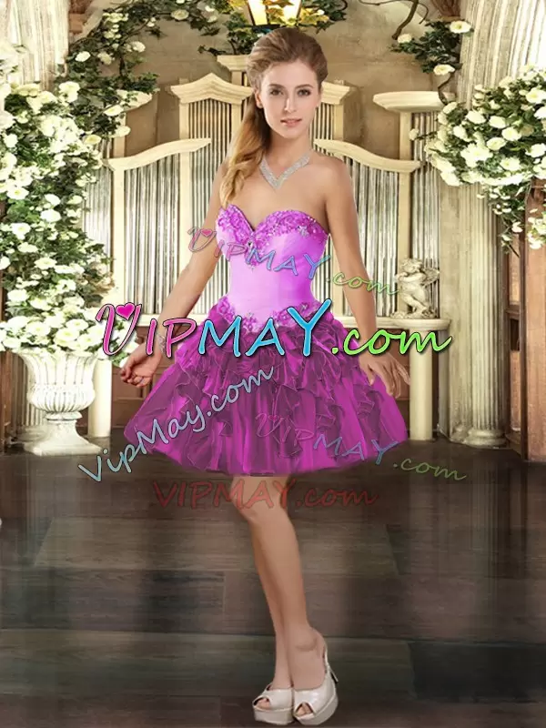 Fuchsia Three Pieces Sweetheart Sleeveless Organza Floor Length Lace Up Beading and Ruffles Quinceanera Gown