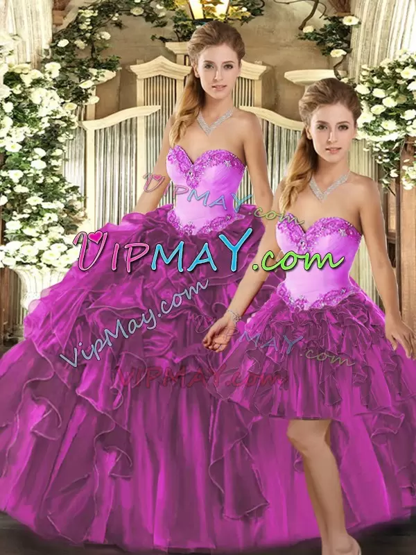 Fuchsia Three Pieces Sweetheart Sleeveless Organza Floor Length Lace Up Beading and Ruffles Quinceanera Gown