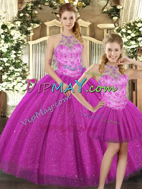 Halter Top Sleeveless Lace Up 15 Quinceanera Dress Fuchsia Tulle Beading