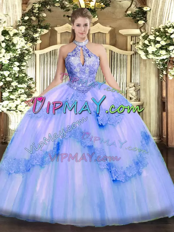 Trendy Blue Sleeveless Appliques and Sequins Floor Length Quinceanera Gown