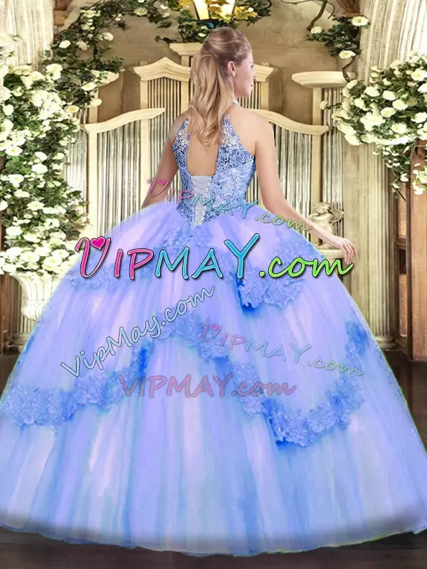 Trendy Blue Sleeveless Appliques and Sequins Floor Length Quinceanera Gown