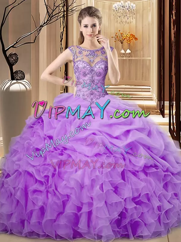 Inexpensive Organza Scoop Sleeveless Lace Up Beading and Ruffles and Pick Ups Sweet 16 Quinceanera Dress in Lavender