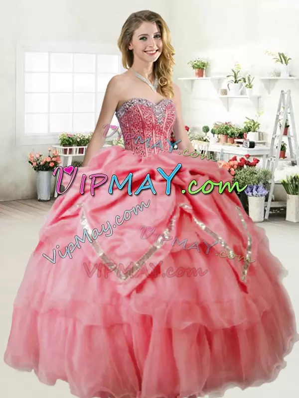Fitting Sweetheart Sleeveless 15 Quinceanera Dress Floor Length Beading Watermelon Red Organza and Taffeta