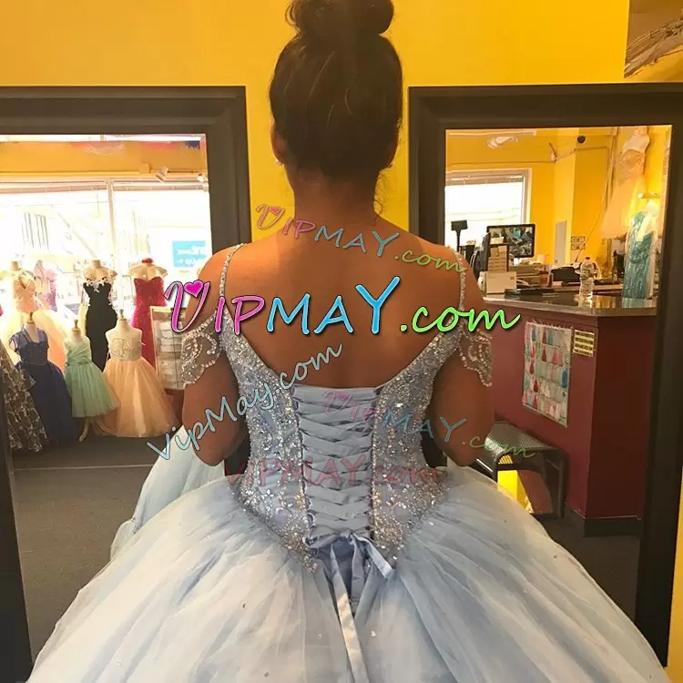 Adorable Light Blue Lace Up Off The Shoulder Beading Vestidos de Quinceanera Tulle Sleeveless