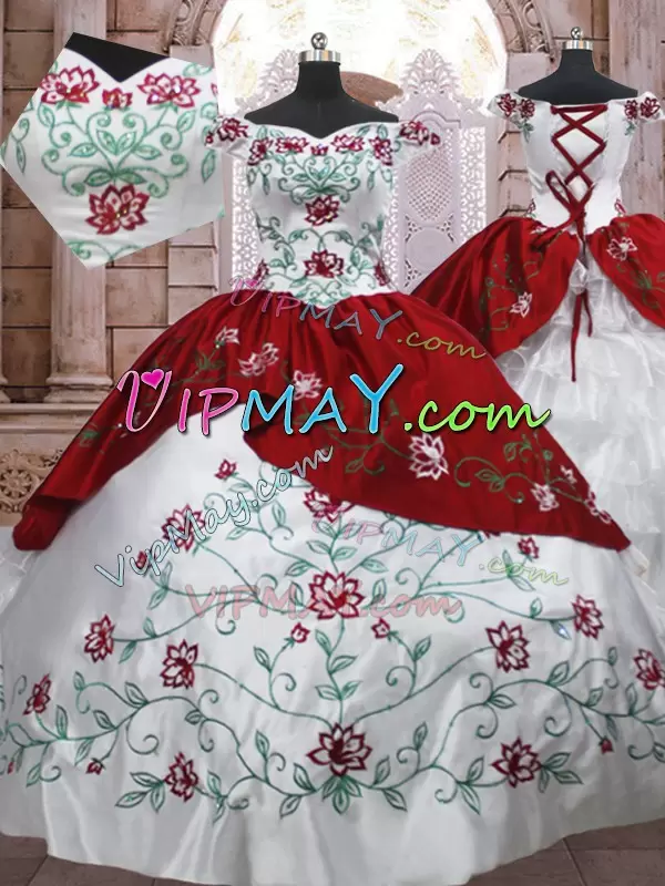 Superior Ball Gowns Quinceanera Dress White And Red Off The Shoulder Taffeta Sleeveless Floor Length Lace Up