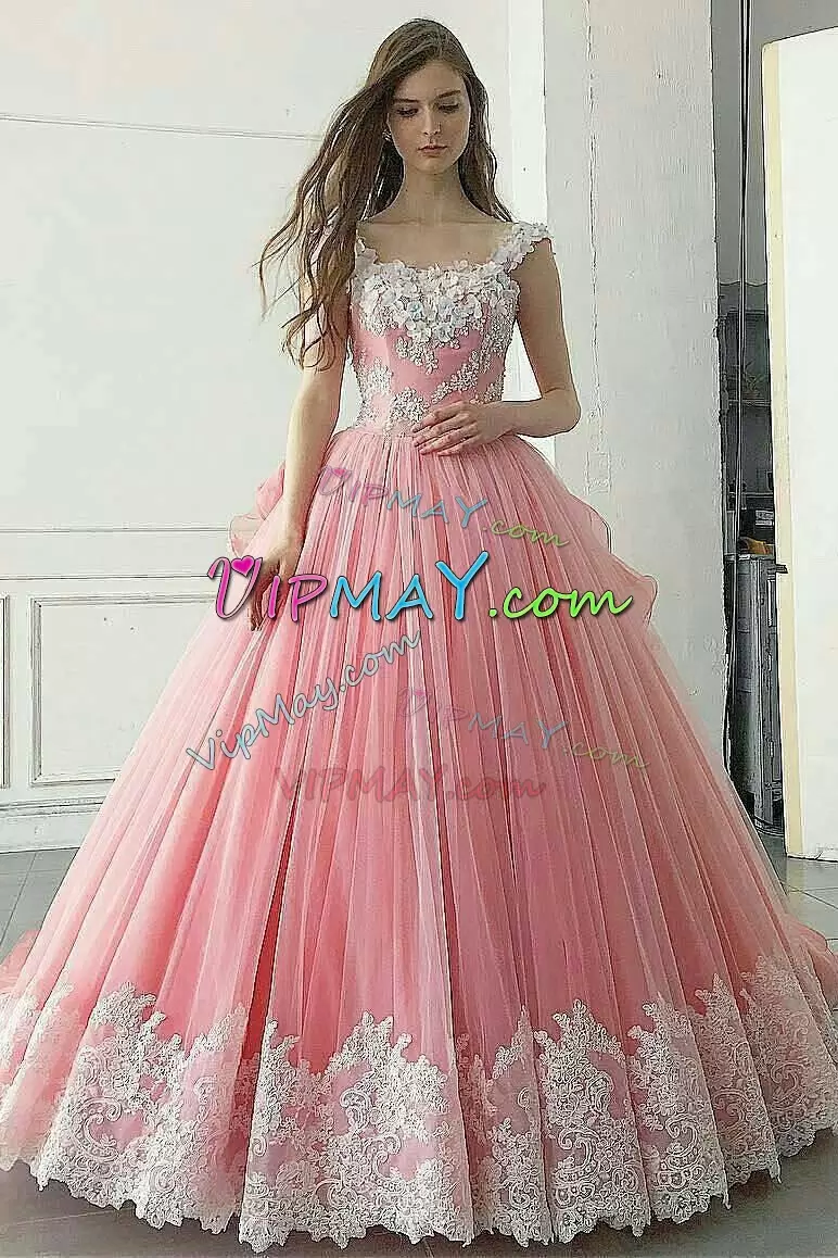 Beatiful Pink Quinceanera Gowns Tulle Sleeveless Appliques with Flower Straps Under 200
