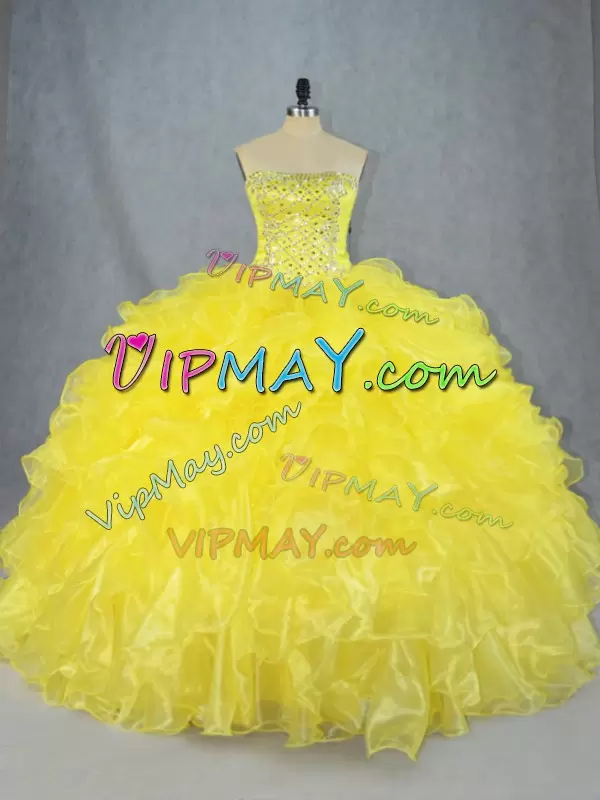 Ideal Sleeveless Asymmetrical Beading and Ruffles Lace Up Quince Ball Gowns with Yellow