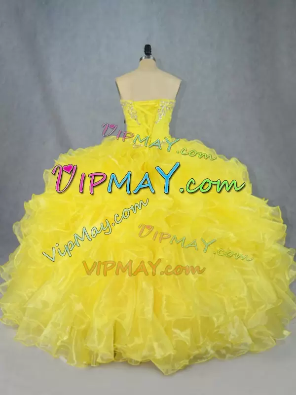 Ideal Sleeveless Asymmetrical Beading and Ruffles Lace Up Quince Ball Gowns with Yellow