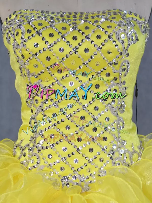 Ideal Sleeveless Asymmetrical Beading and Ruffles Lace Up Quince Ball Gowns with Yellow